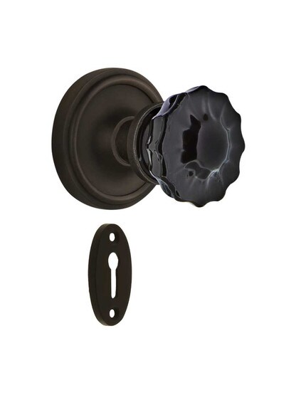 Classic Rosette Mortise Lock Set with Colored Fluted Crystal Glass Knobs Black in Oil-Rubbed Bronze.